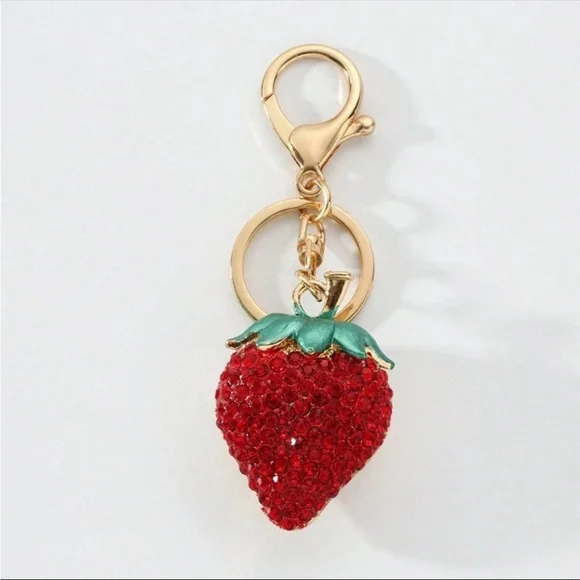 Sparkling Rhinestone Strawberry 🍓 Bag Charm Keychain with Gold Hardware NWT - Picture 2 of 8
